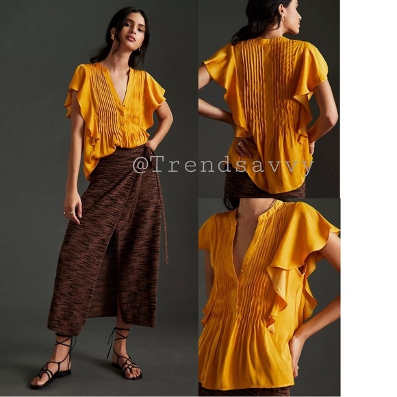 ANTHROPOLOGIE Pleated Ruffled Pintucked Blouse Silky V-neck Top Mango Size M NWT - Picture 8 of 8